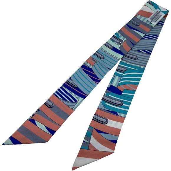 Authentic HERMES Twilly Buckle Design Scarf Blue Silk - Picture 14 of 16